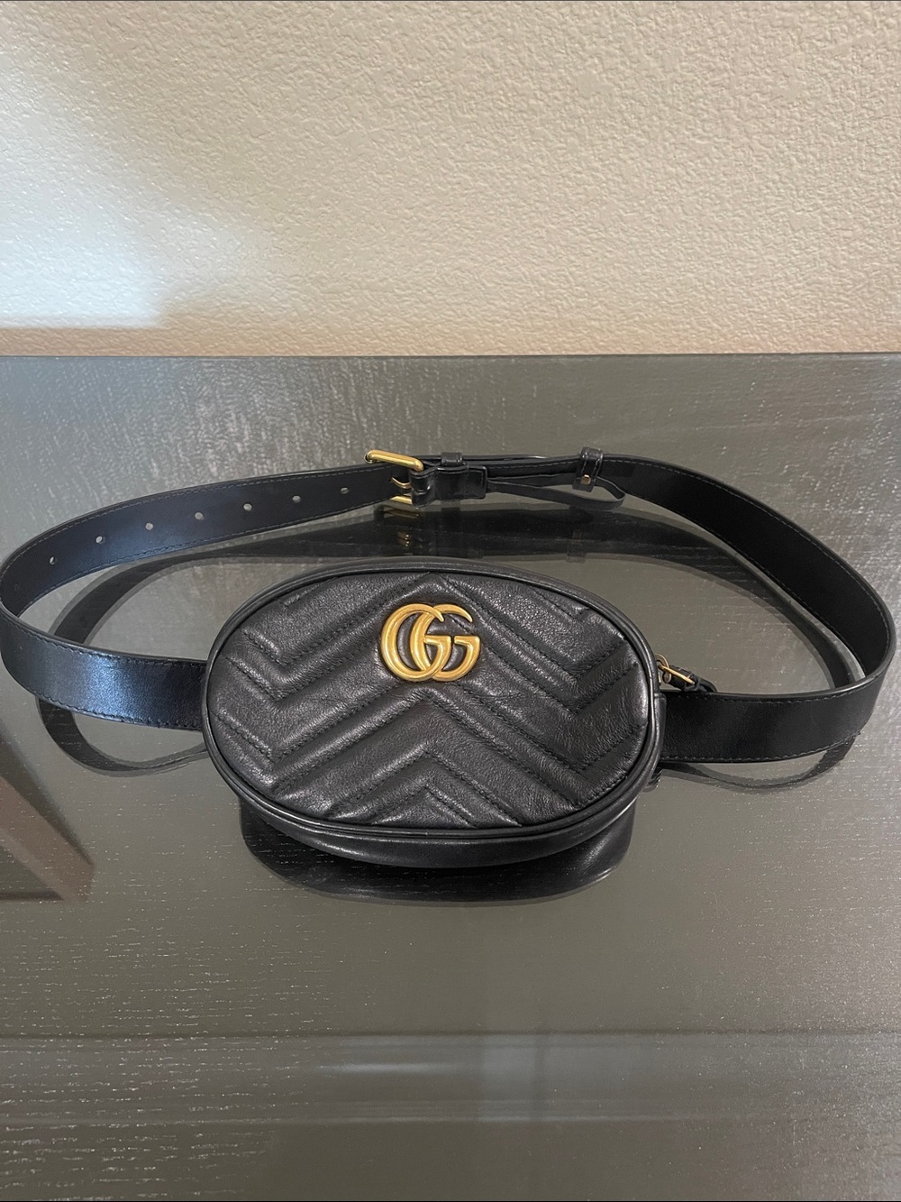 Gucci Black Chevron Quilted Leather Belt Bag with Gold Double G